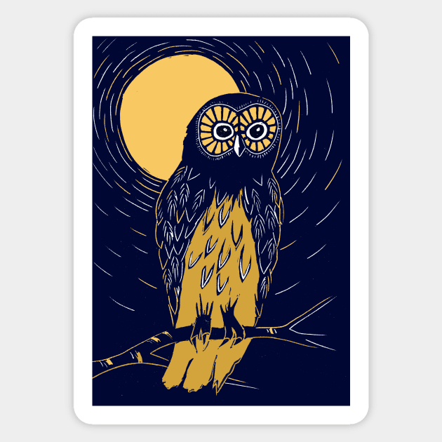 Deep blue and gold linocut of an owl on a moonlit night Sticker by Maddybennettart